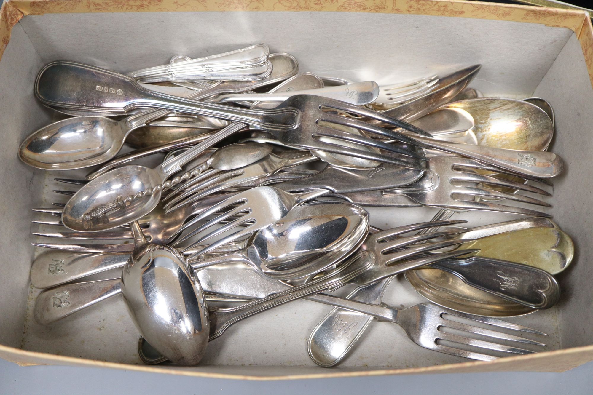 A pair of plated engraved bone handled fish servers, cased and a set of nut crackers, cased and assorted plated flatware.